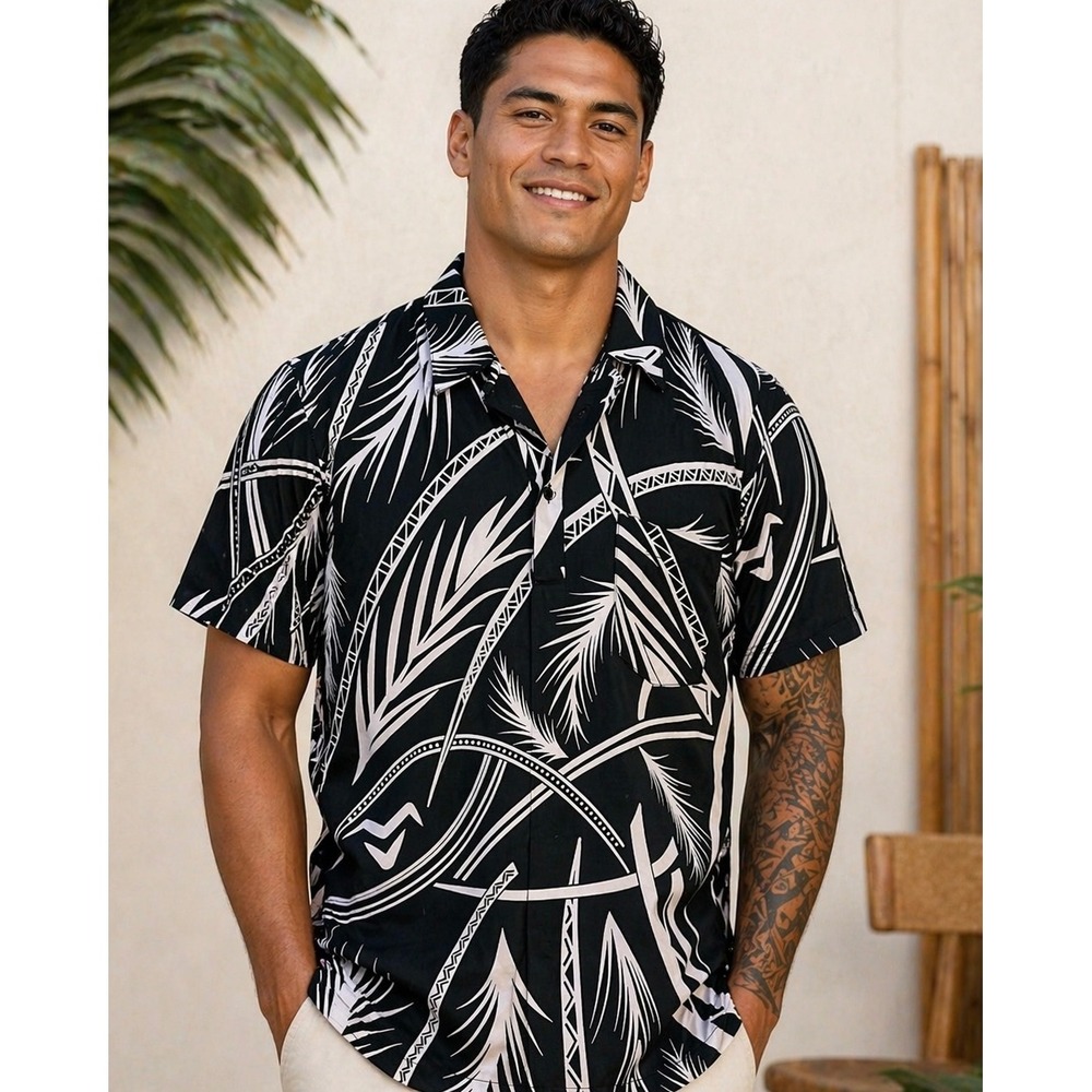Missing Polynesia Black White Tropical Aloha Shirt Men's L Hawaiian Shirt